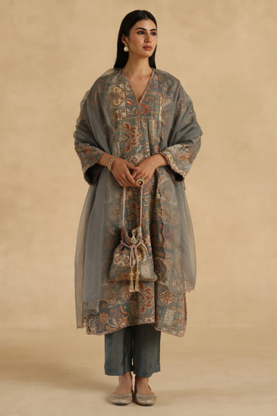 Begum Pret Grey embroidered tasseled potli BEGUAUG26D152688