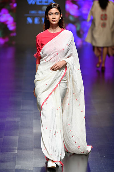 White and pink embroidered saree