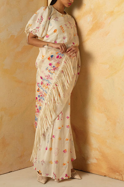 Ivory floral embroidered sari