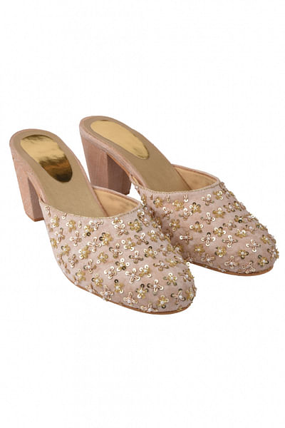Rose gold embroidered block heel mules