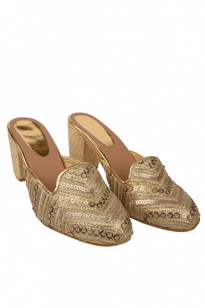 Gold sequin and zardozi embellished mules