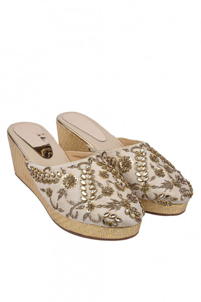 Ivory embroidered mules