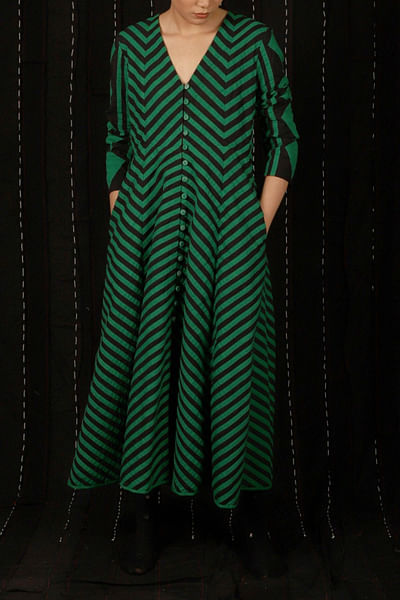 Green applique striped dress