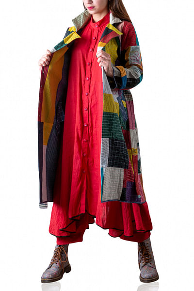 Multicoloured patchwork trench coat