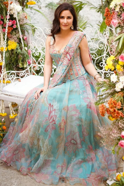 Aquamarine floral printed corset lehenga set