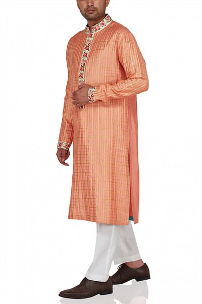 Coral chanderi kurta with lace trim and ivory pants