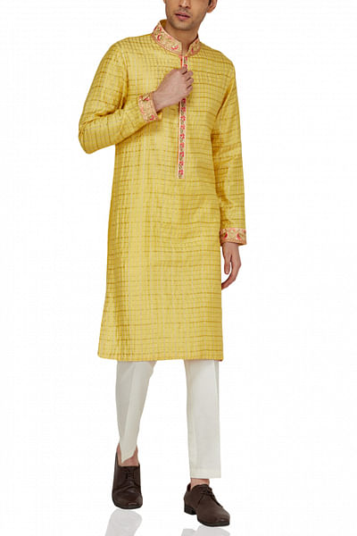 Yellow chanderi kurta with embroidered lace and ivory pants