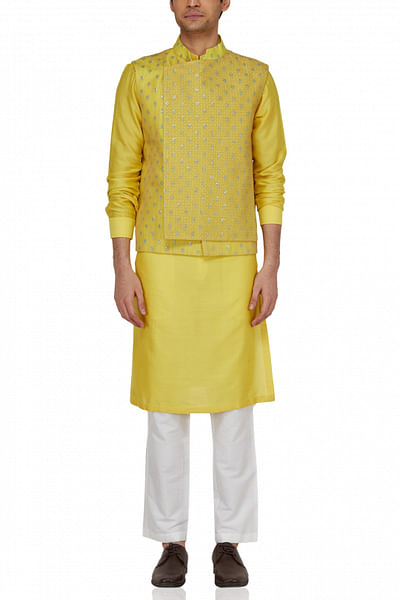 Yellow embroidered overlap jacket with matching kurta set