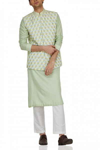 Mint green woven bandi and matching kurta set