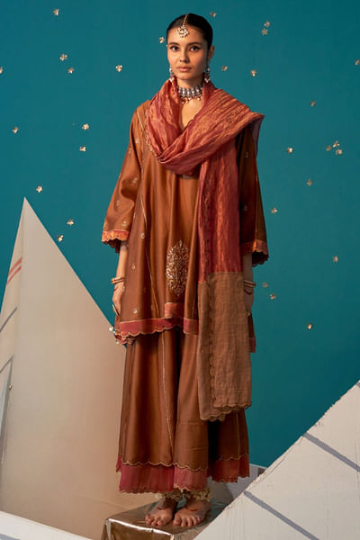 Tan and rose pink embroidered kurta sharara set