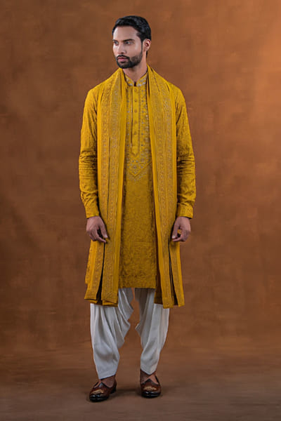 Punit Arora Mustard and ivory embroidered kurta set PUNAPR26D142188