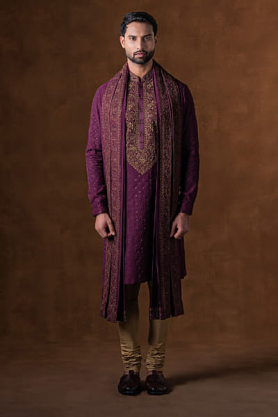 Punit Arora Wine and gold embroidered kurta set PUNAPR26D142189
