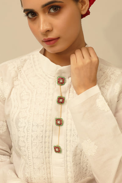 Joules by Radhika Red and green stone embellished buttons JOULAUG26D453113