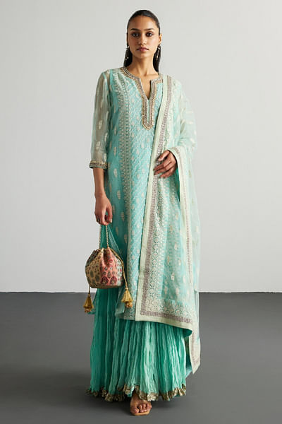 Aqua embroidered kurta and skirt set