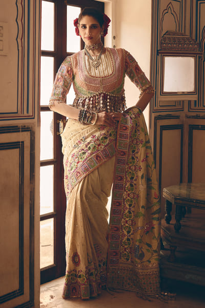 Kajal's Couture Light gold resham embroidered sari set KAJAAUG26D153558