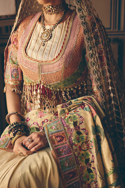Kajal's Couture Light gold resham embroidered sari set KAJAAUG26D153558