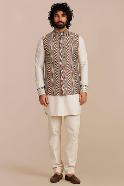 Rust orange and ivory chevron printed Nehru jacket