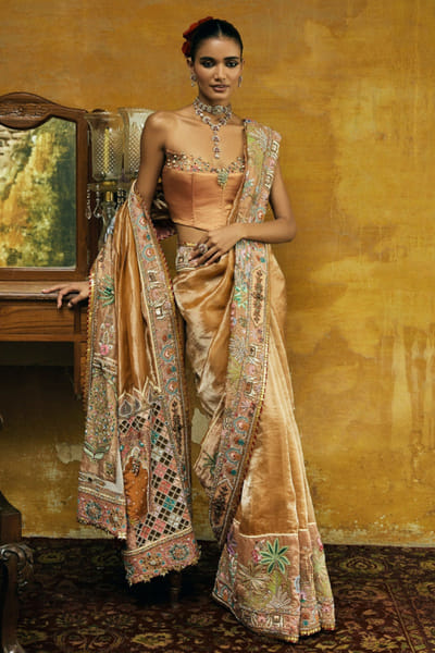Kajal's Couture Mustard gold hand embroidered sari set KAJAJUN26D148189