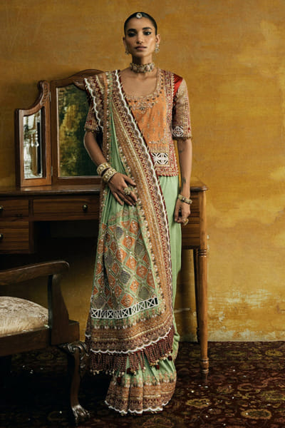 Kajal's Couture Sage green embellished jacket and sari set KAJAJUN26D148191