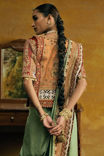 Kajal's Couture Sage green embellished jacket and sari set KAJAJUN26D148191