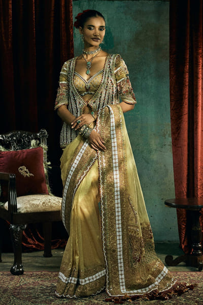 Kajal's Couture Gold marodi embroidered jacket and sari set KAJAJUN26D148193