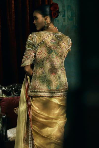Kajal's Couture Gold marodi embroidered jacket and sari set KAJAJUN26D148193