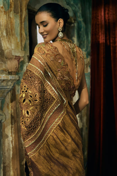 Kajal's Couture Antique gold floral embroidered sari set KAJAJUN26D148196