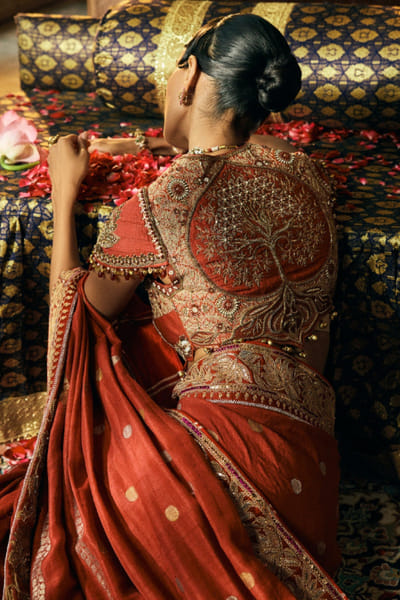 Kajal's Couture Cherry red zari woven sari set KAJAJUN26D148197