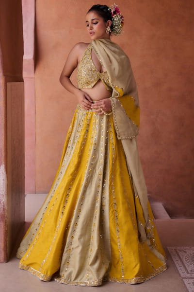 Kapda Dori Sage green and mustard embroidered lehenga set KAPMAR26D141270