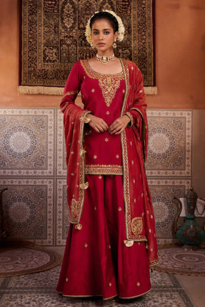 Kapda Dori Red dori and dabka embroidered sharara set KAPMAR26D141276