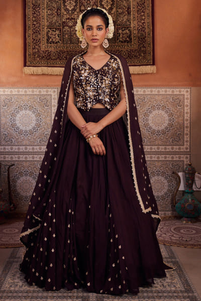 Kapda Dori Brown embroidered waistcoat and lehenga set KAPMAR26D141280