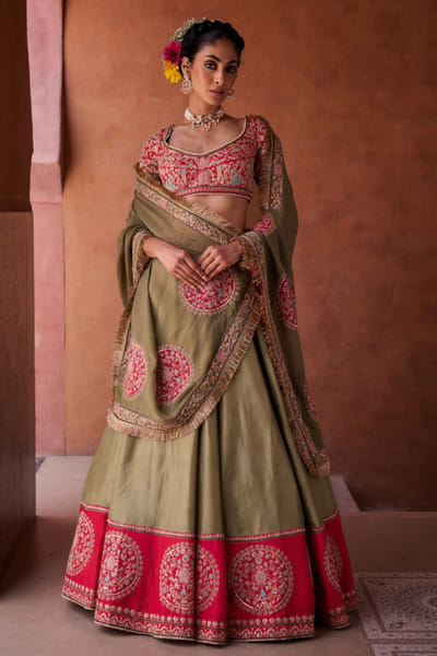 Kapda Dori Sage green and fuchsia embroidered lehenga set KAPMAR26D141286