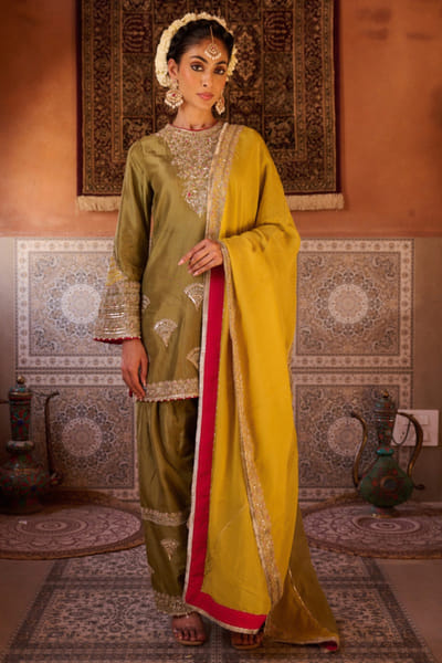 Kapda Dori Sage green and mustard embroidered kurta set KAPMAR26D141287