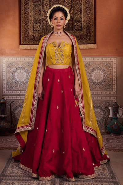 Kapda Dori Mustard and raspberry embroidered lehenga set KAPMAR26D141288