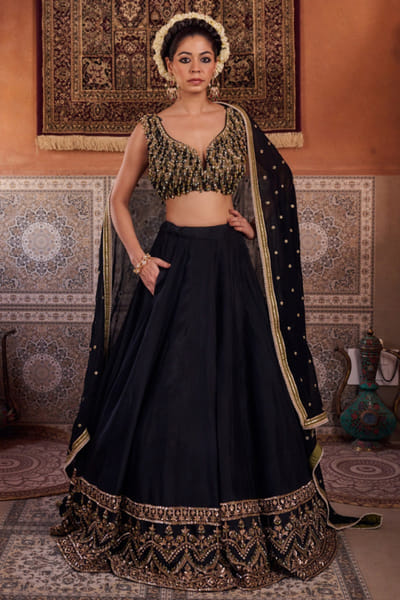 Kapda Dori Black and mehendi green embroidery lehenga set KAPMAR26D141291