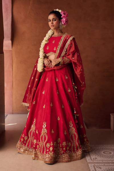 Kapda Dori Reddish coral embroidered lehenga set KAPMAR26D141292