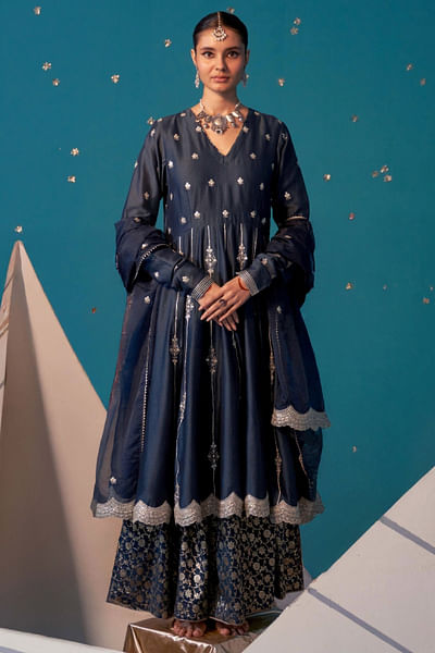 Teal gota embroidered anarkali sharara set