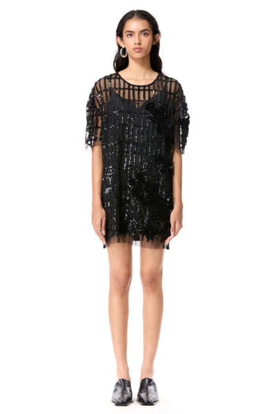 Black floral embellished mini dress