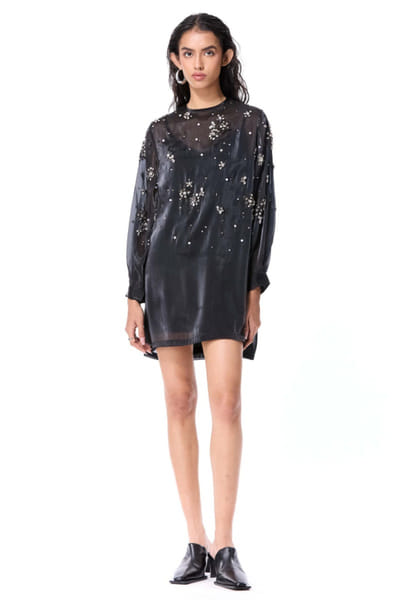 Black hand embellished sheer dress