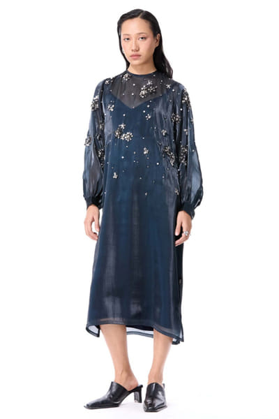 Blue hand embellished overlay dress