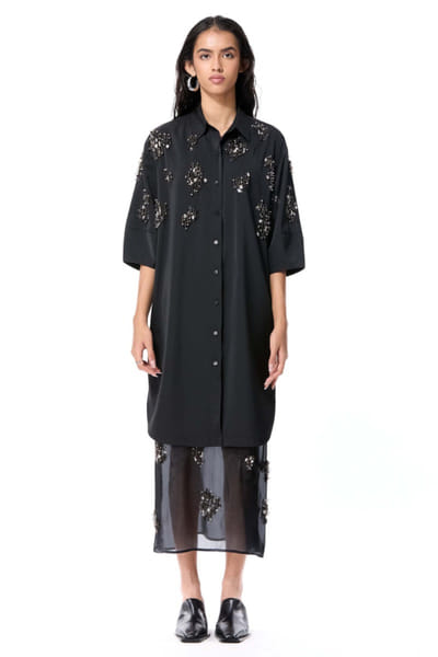 Black embellished shirt dress