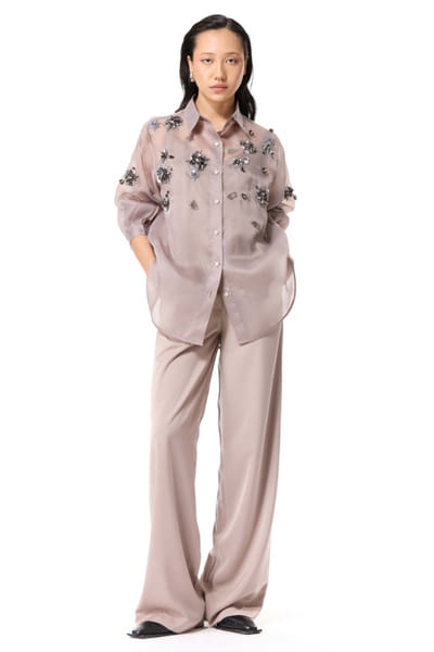 Beige hand embellished shirt