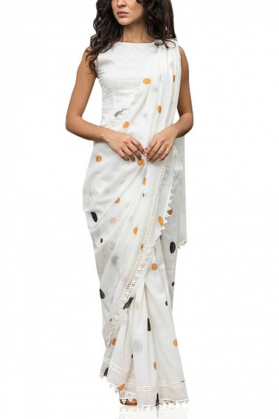 White hand block printed sari