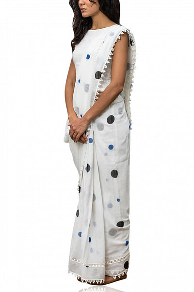 Ivory polka printed sari