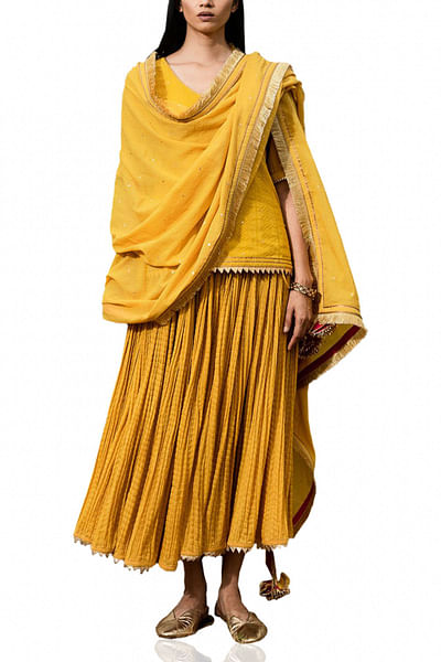 Mustard textured kurti & skirt set