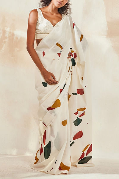 White printed sari set