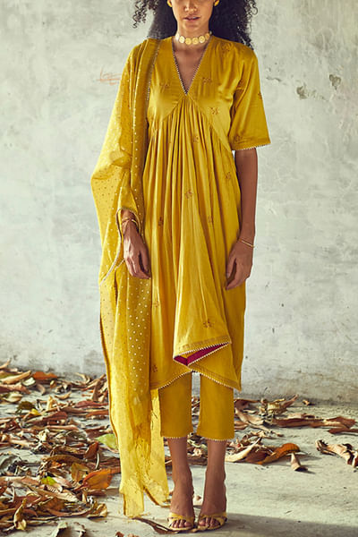 Mustard yellow floral printed kurta set