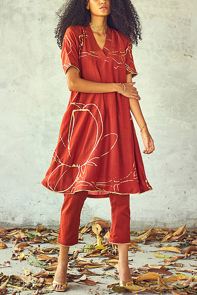Brick red cotton silk kurta set