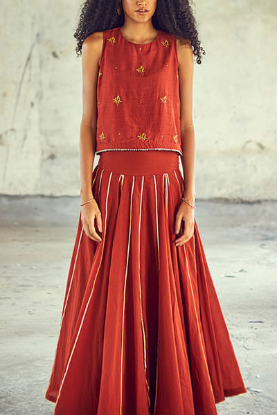 Brick red cotton silk skirt set