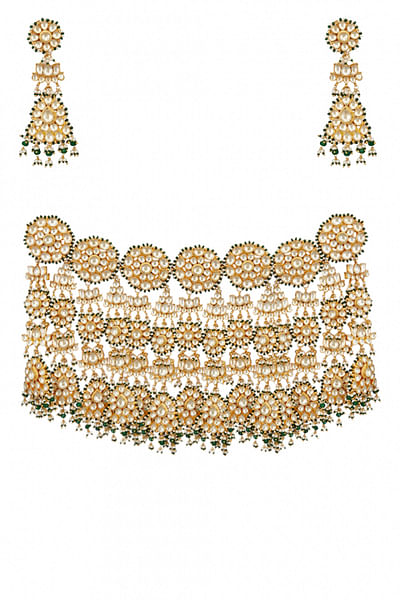 Gold long rhodium kundan necklace set